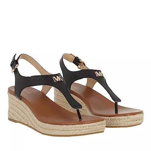 Michael Kors Laney Pale Black Gold Leather Espadrille Thong Wedge Sandals - 8 M