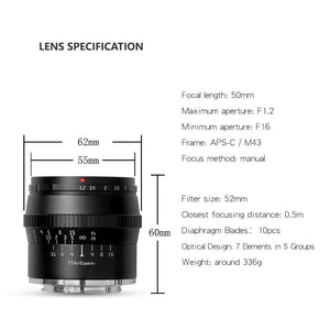 TTArtisans 50mm F1.2 APS-C Lens for Fujifilm X-T3 X-Pro3 X-E2 X-H1 X-T3 X-A1