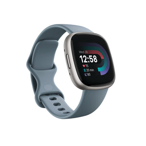 NEW Fitbit Versa 4 Fitness Smartwatch Waterfall Blue Band Platinum Aluminum Case