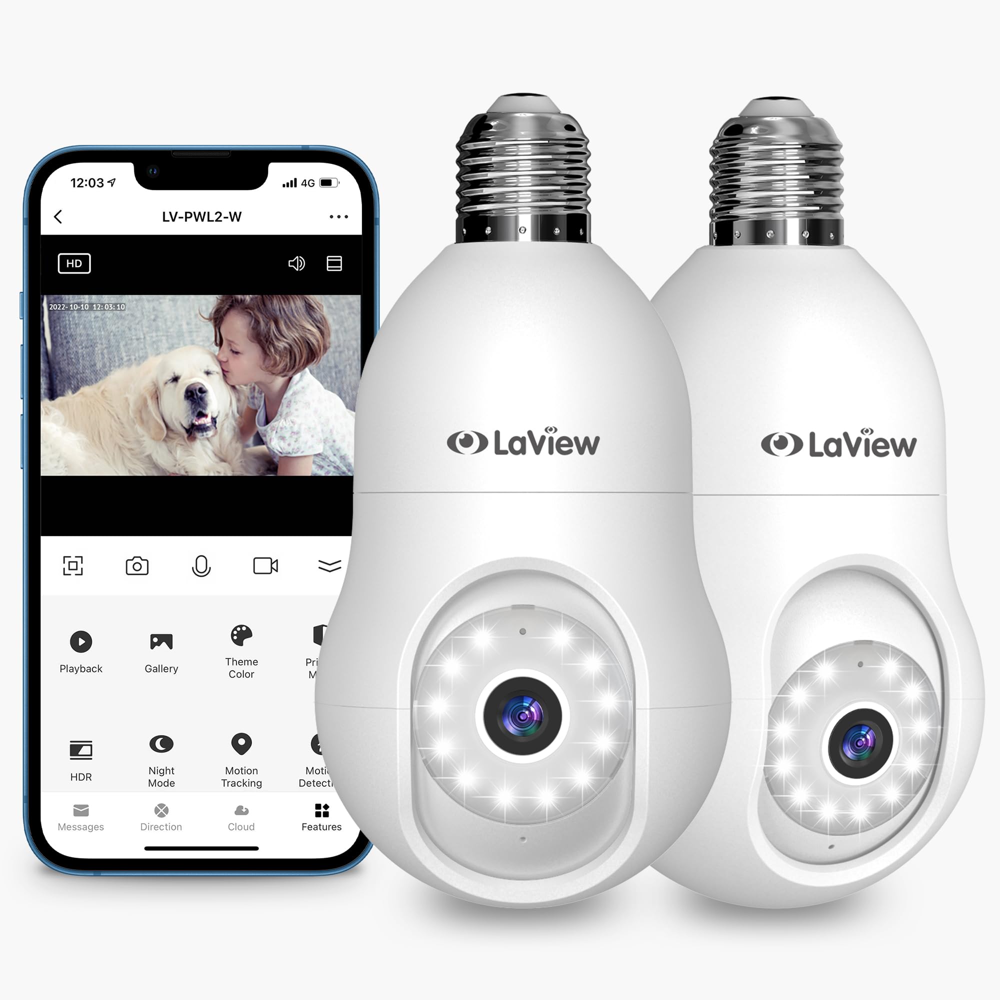 LAVIEW 4MP Bulb Security Camera 2.4GHz,360° 2K Security Cameras 2 Pack- WHITE