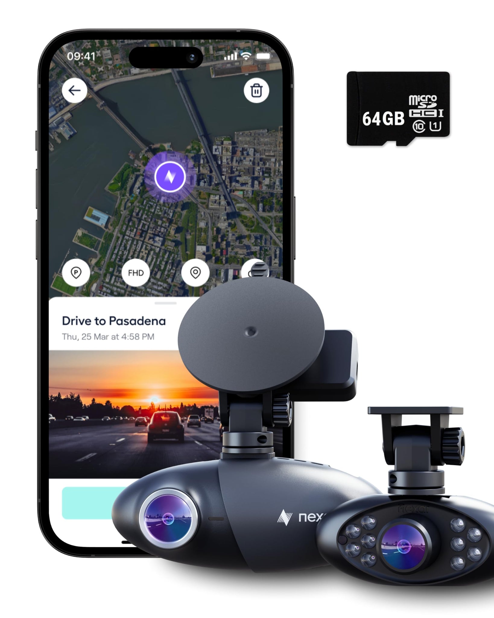 Nexar Pro GPS Dual Dash Cam / Camera System - 64GB MicroSD