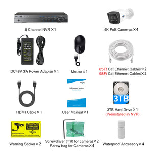 HISEEU 4K 8MP PoE Security Camera System + 8CH NVR 3TB HDD + 4  Security Cameras