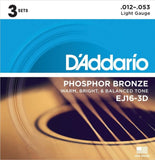 D'Addario EJ16-3D Phosphor Bronze Light Acoustic Guitar Strings 3 Sets EJ16