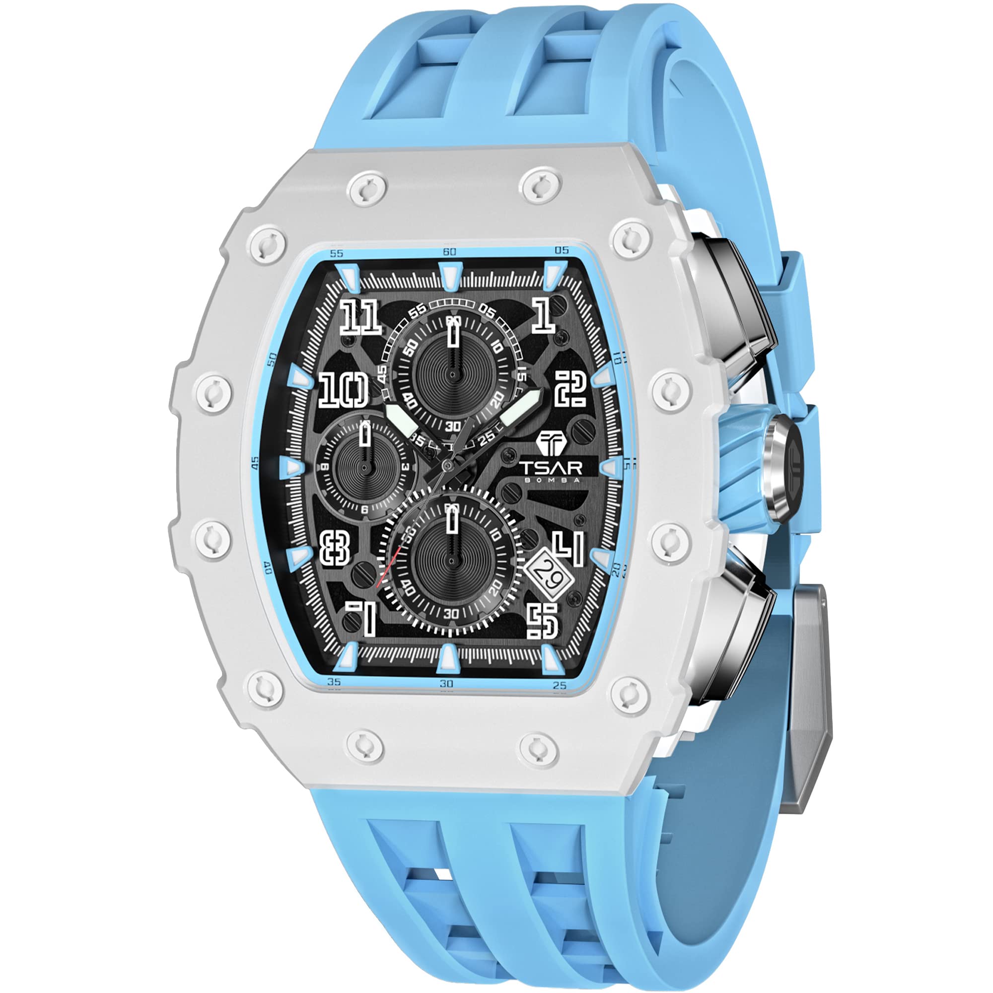 TSAR BOMBA Luxury Quartz Watch Tonneau Design 5ATM Chronograph - Aqua Blue