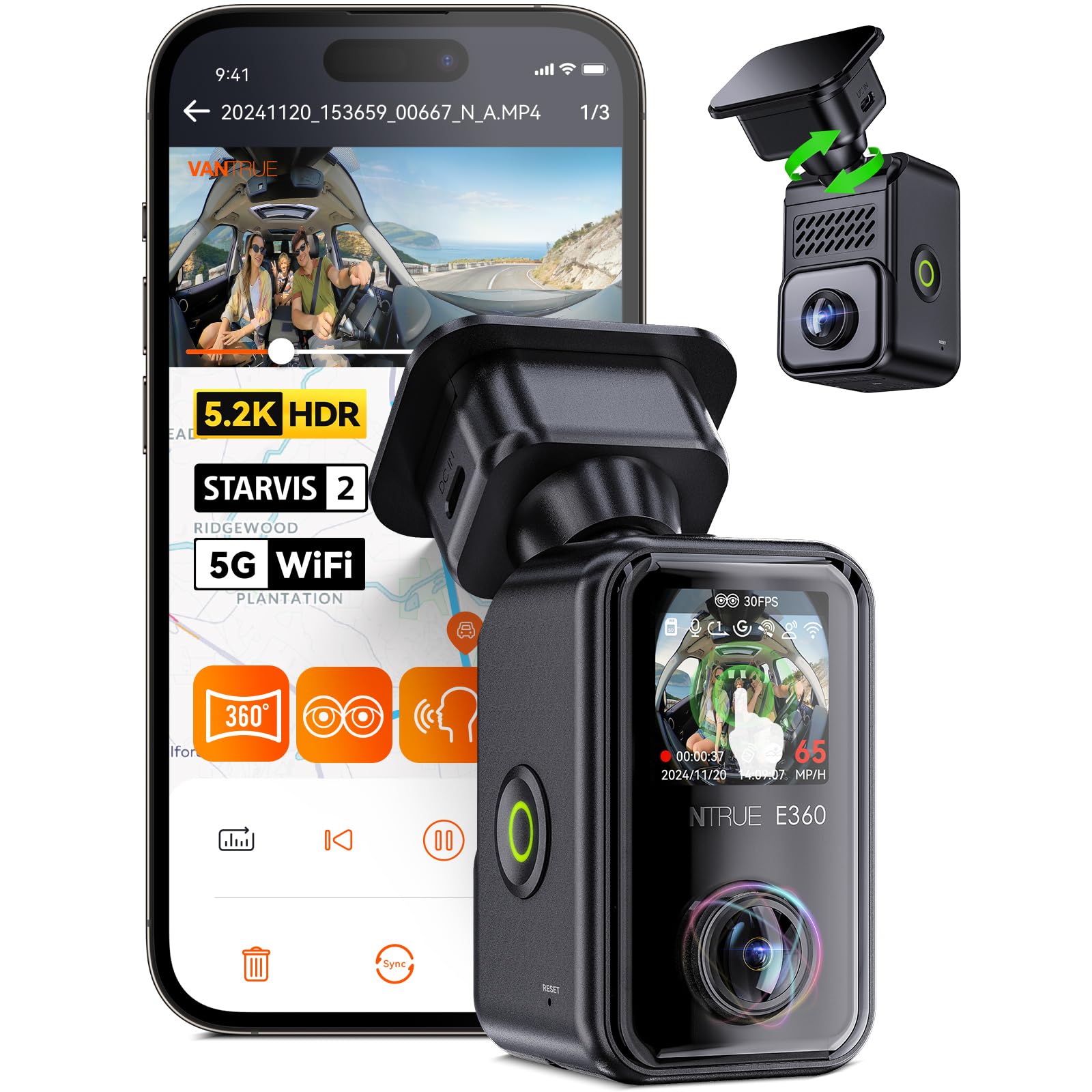 Vantrue E360 Plus Bundle 5.2K 360 Panoramic Dash Cam 5GHz WiFi GPS Dual