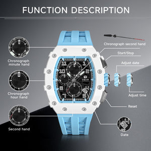 TSAR BOMBA Luxury Quartz Watch Tonneau Design 5ATM Chronograph - Aqua Blue
