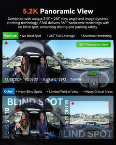 Vantrue E360 Plus Bundle 5.2K 360 Panoramic Dash Cam 5GHz WiFi GPS Dual
