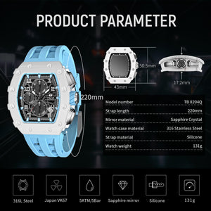 TSAR BOMBA Luxury Quartz Watch Tonneau Design 5ATM Chronograph - Aqua Blue