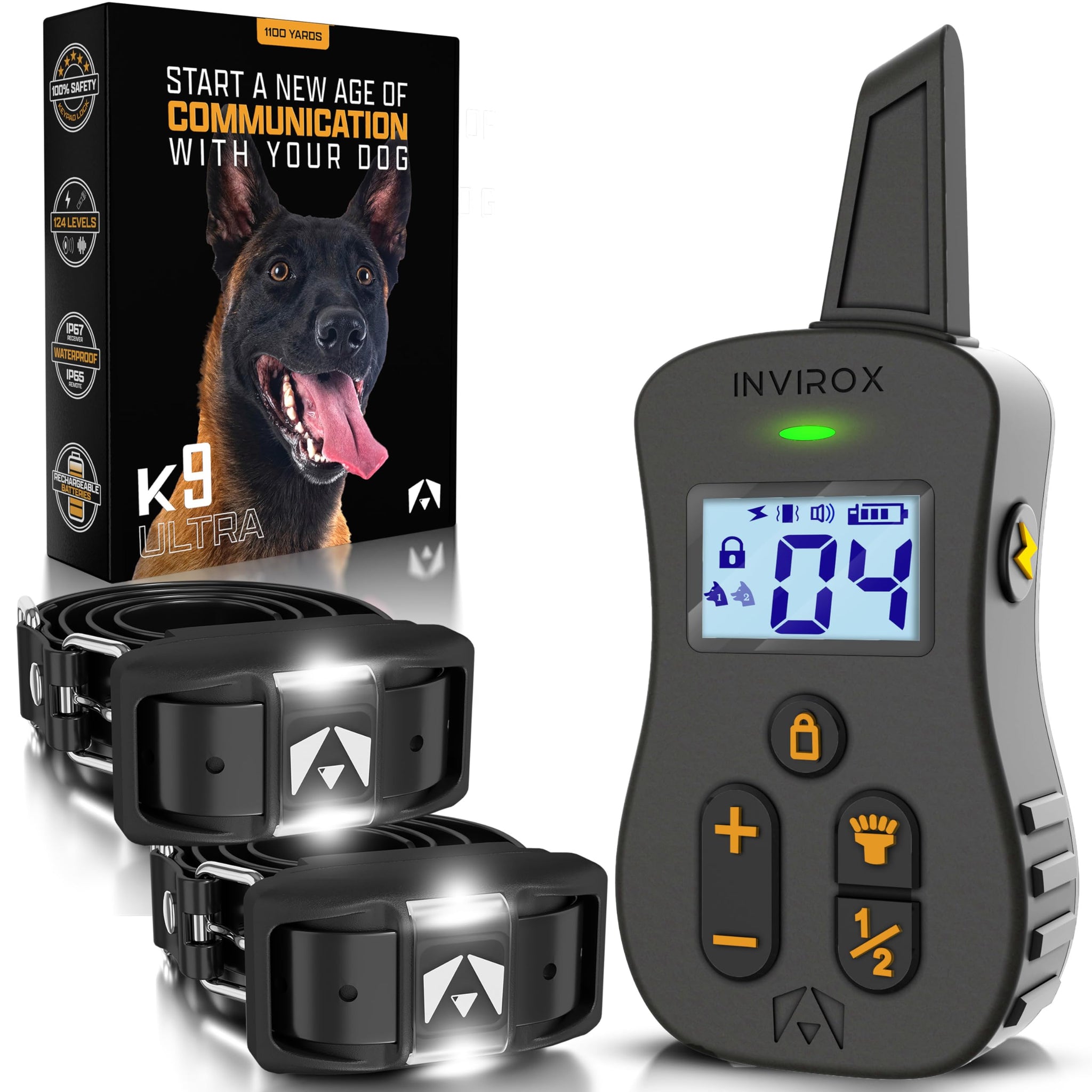 INVIROX Dog Shock Collar Ultra K9 X2 - 124 Training Levels - 4 Powerful Modes - 2 Collars
