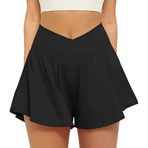 FireSwan Crossover Athletic Shorts for Women 2 in 1 Flowy Medium, Black