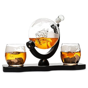 Whiskey Decanter Globe with 2 Whiskey Glasses and Stones - for Liquor Scotch