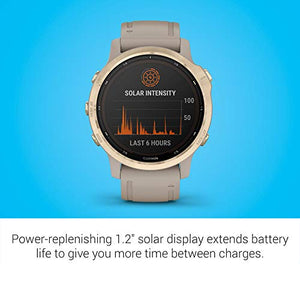 Garmin fenix 6s Pro Solar, Smaller-Sized Multisport GPS Watch with Solar Charging Capabilities, Advanced Training Features and Data, Light Gold with Tan Band