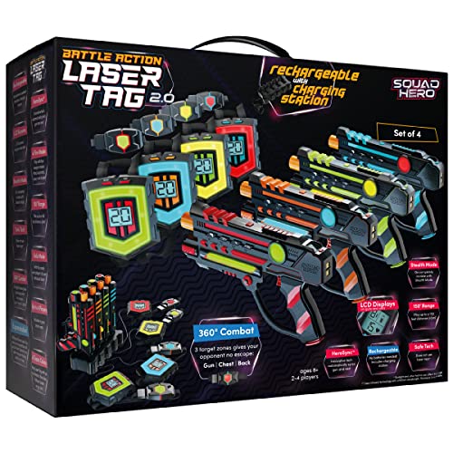 SQUAD HERO BATTLE ACTION LASER TAG 2.0 Rechargeable Station Set Of 4, 360 Sensor