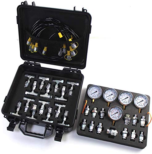 SINOCMP Hydraulic Pressure Test Kit with 5 Gauges, 5 Test Hoses and 13 Couplings and 14 Tee Connectors Hydraulic Test Gauge Kit Pressure Gauge Used for Excavators, 2 Years Warranty