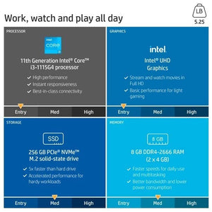 HP 15.6" Laptop, 11th Gen Intel Core i3-1115G4, 8GB DDR4 RAM, 256GB SSD, HDMI, Webcam, Wi-Fi, Bluetooth, Windows 10 Home, Natural Silver, W/MD Accessories