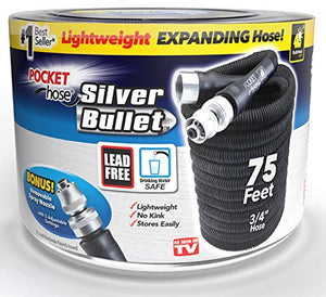 Pocket Hose Silver Bullet 75 ft Turbo Shot Nozzle Multiple Spray Patterns Expandable Garden Hose 3/4 in Solid Aluminum Fittings Lightweight and No-Kink