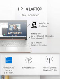 HP - 14-fq0060nr 14 Laptop, AMD 3020e, 4 GB RAM, 64 GB eMMC Storage, 14-inch HD Touchscreen, Windows 10 Home in S Mode, Long Battery Life, Microsoft 365, (14-fq0060nr, 2020) Pale Rose Gold